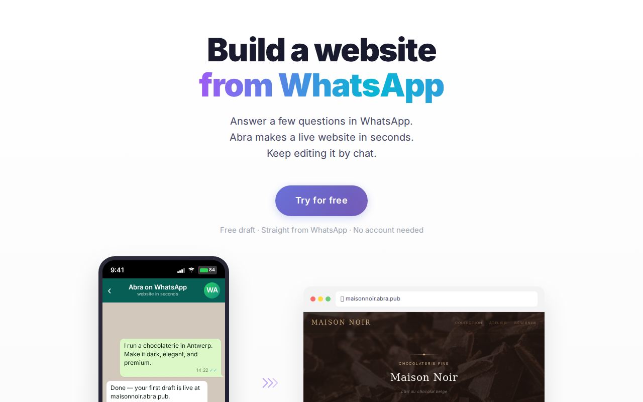 The Abra landing page — a website built with Abra